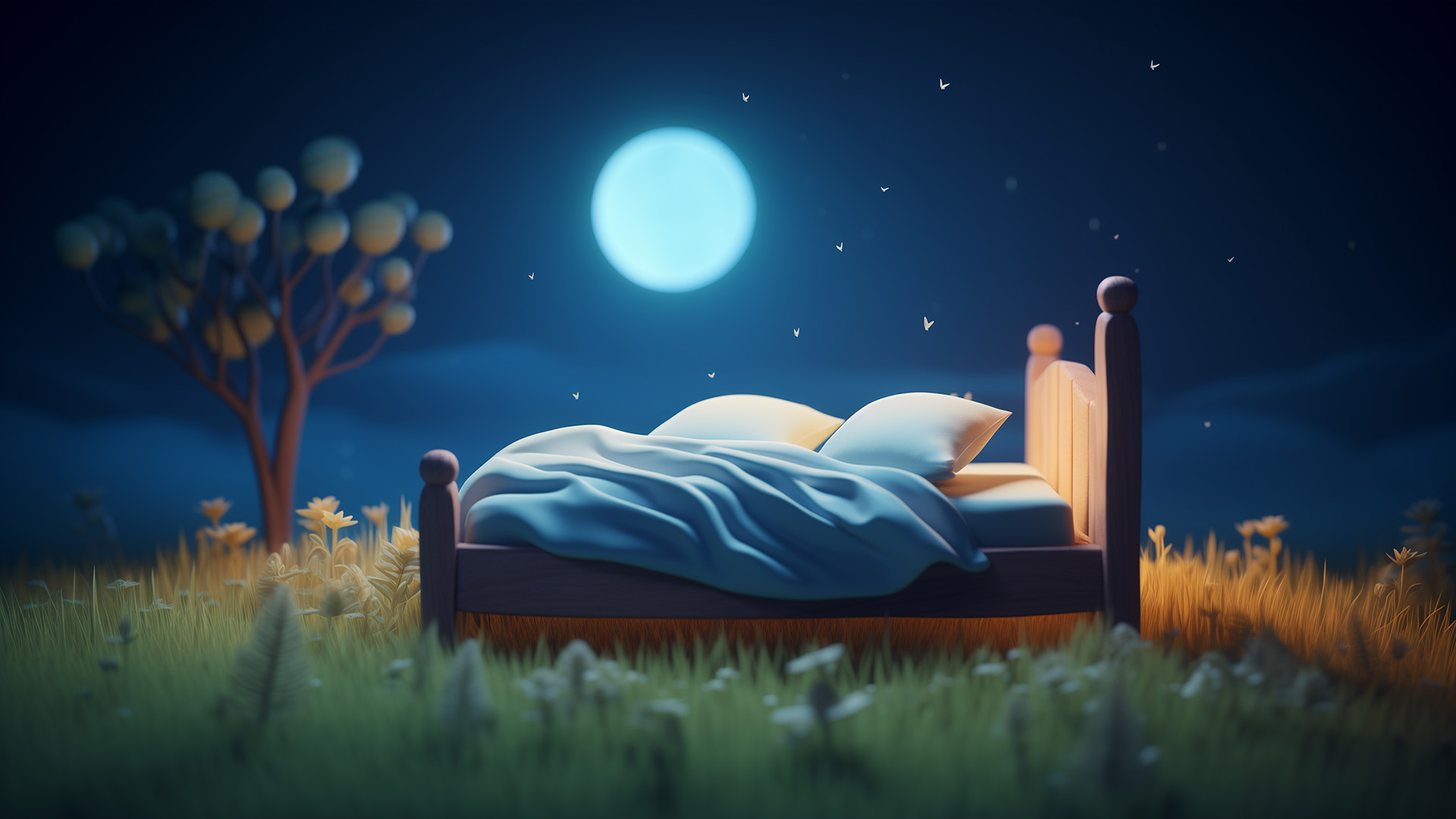Cartoon bed under night sky